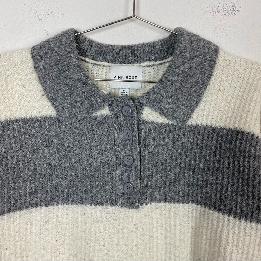 Pink Rose Gray & White Ribbed Collared Sweater - Picture 3 of 9
